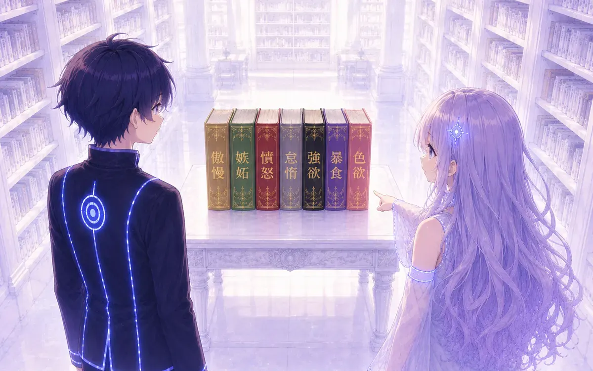 七つの本が並ぶ白い図書室